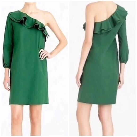 J. Crew Green Cotton Blend One Shoulder Long Sleeve Poplin Ruffle Dress - Picture 1 of 6